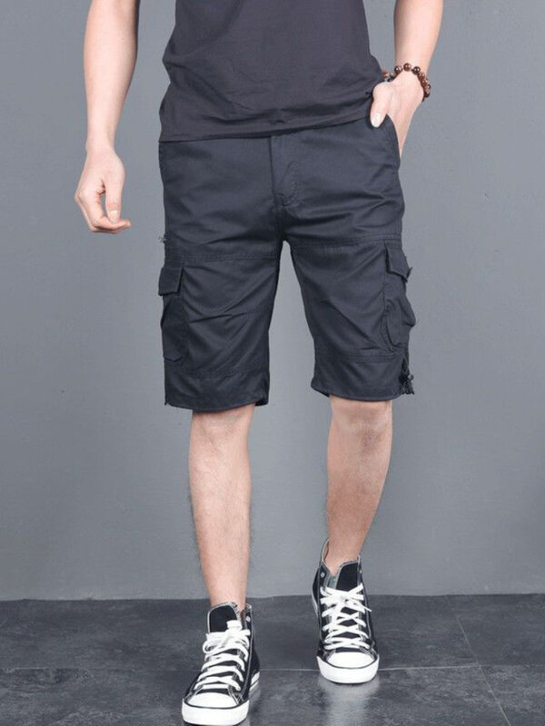 Calça curta masculina com zíper, preta, meia multi bolso, calções de carga, Bermuda longa, cordão, streetwear, roupa masculina, Y2k