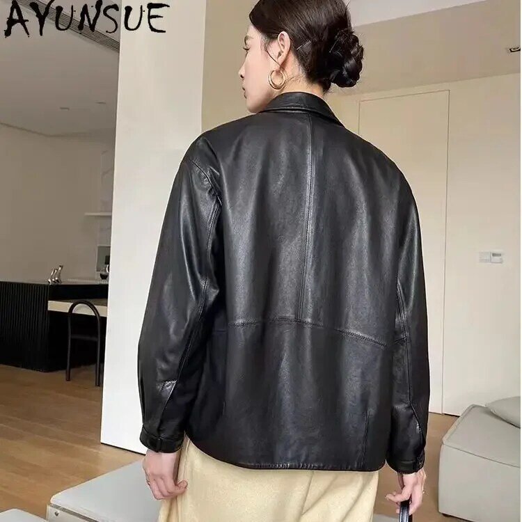 Женская кожаная куртка AYUNSUE, элегантная осенняя куртка из натуральной овечьей кожи, повседневная куртка с квадратным воротником