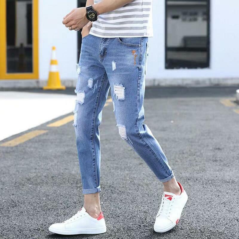 Jeans lápis com buracos rasgados para masculino, versátil e elegante, streetwear leve