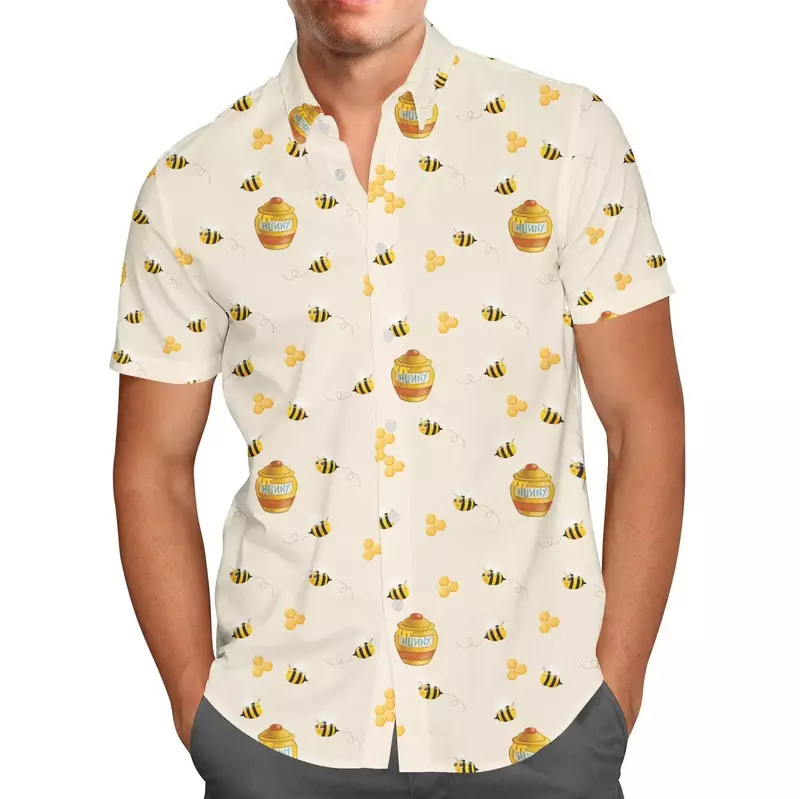 Watercolor Winnie the Pooh Hawaiian Shirt Men's Disney Inspired Men's Vintage Button Up Short Sleeve Shirt Beach Vacation Shirt