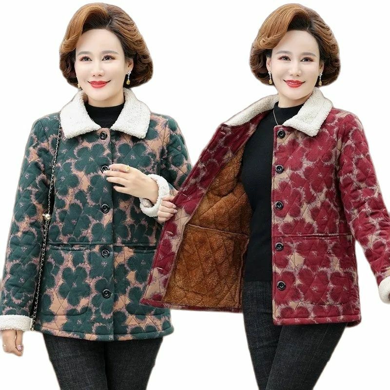 2023 New Middle-Aged Mother's Winter Clothes Add Velvet Cotton Ladies Jacket Keep Warm 50-Year-Old 60-Year-Old Women's Coat
