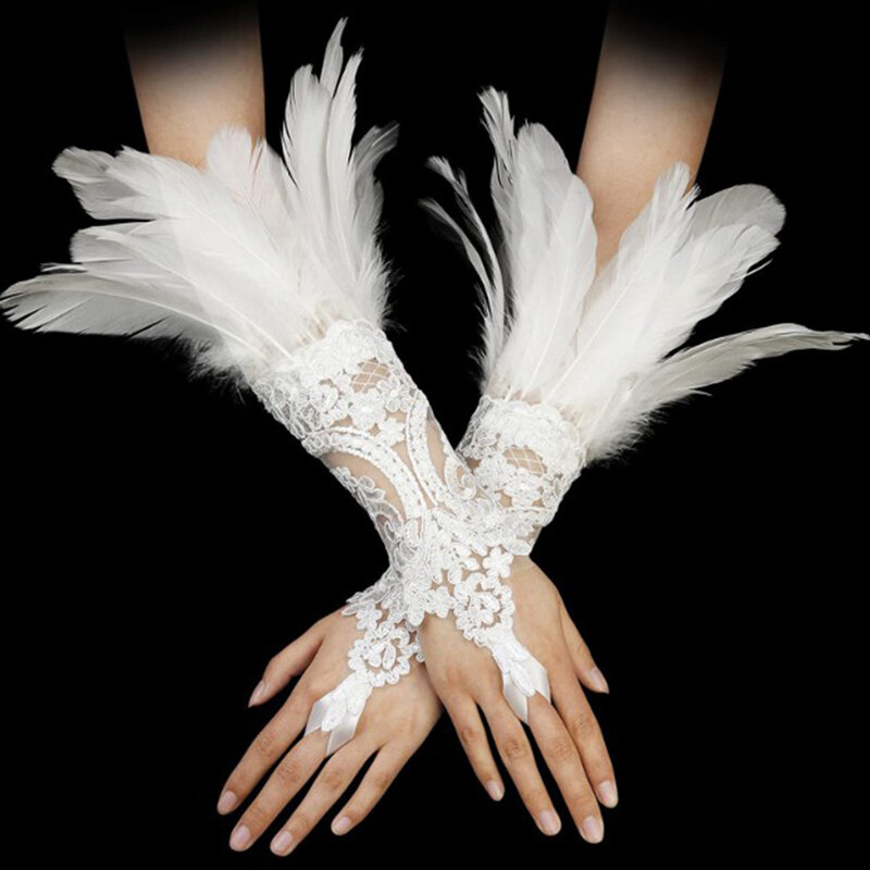 1 buah sarung tangan panjang bulu renda seksi lengan jaring-jaring Gotik Aksesori panggung wanita sarung tangan hitam putih bordir kait pesta Halloween