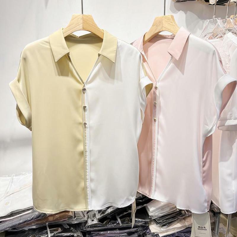 2024 New Summer Personalized Design Fashion V-neck Patchwork Contrasting Color Commuting Simple and Loose Short Sleeved Shirt