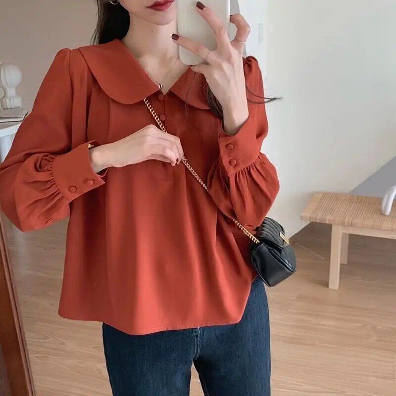 Summer Pleated Button Personality Blouse Women New Classic Long Sleeve Peter Pan Collar All-match Chiffon Pullover Shirt 2022