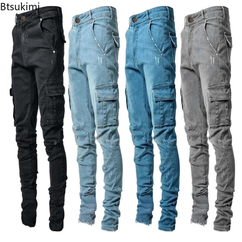 Calças denim cargo multi-bolsos masculinas, jeans com design sólido, jeans slim, calça elástica de rua, corredores de roupa diária, nova moda