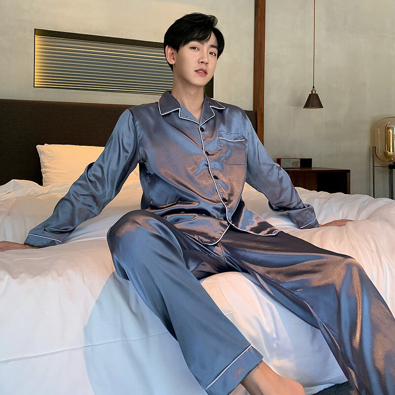 Ice Silk Sleepwear Men Long Sleeve Spring Autumn Pajamas Setds Silk Nightwear Homewear Sets Luxury Brand Clothing Korean Fashion