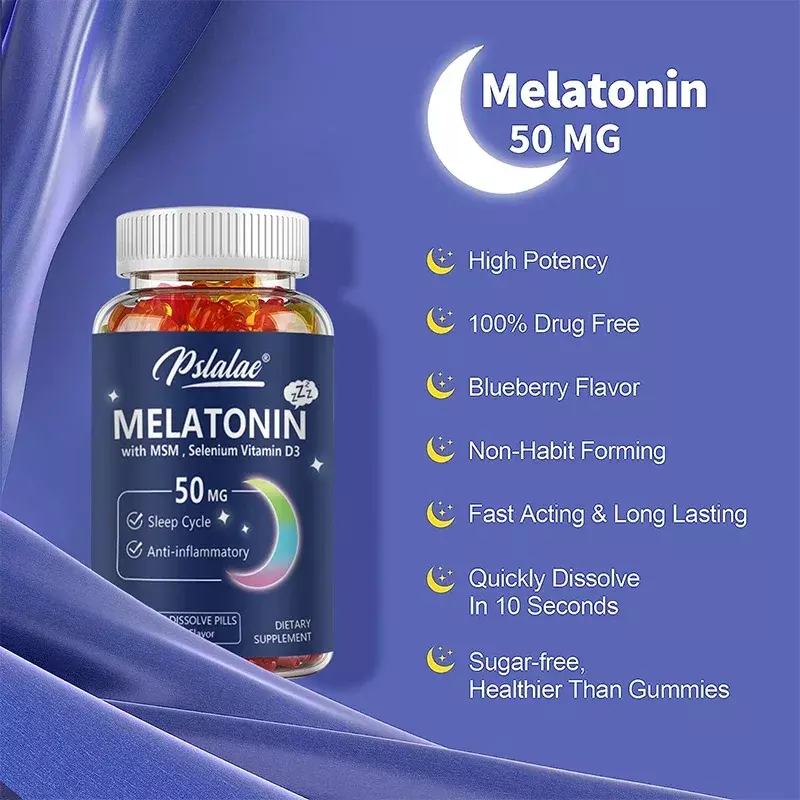 Gomitas de melatonina de 50 mg, melatonina de fuerza Extra con MSM, Selenium y vitamina D3, veganas, no transgénicas, sin necesidad de glúteos