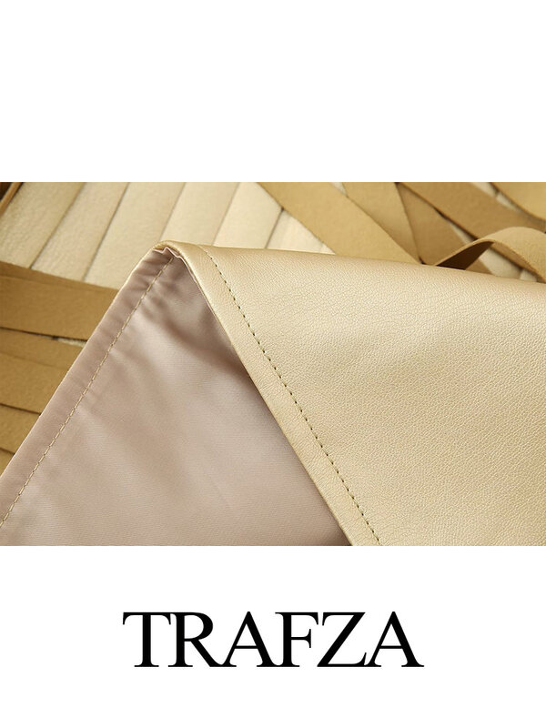 TRAFZA 여성 패션 스트리트웨어 재킷, 캐주얼 크롭 골드 인조 가죽 코트, 긴팔 태슬 여성 아우터, 시크한 탑