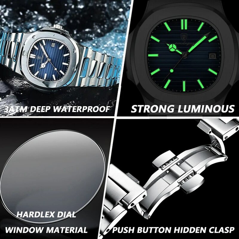 POEDAGAR-Men's Stainless Steel Square Quartz Watch, Luxo, Negócios, Impermeável, Relógio, Luminoso, Data, Novo, 24