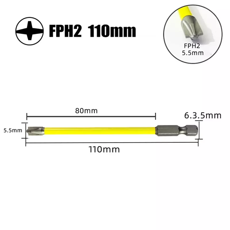 Broca de destornillador de Cruz ranurada especial magnética para electricista FPH2, reemplazo de cabeza de destornillador, 65mm, 110mm