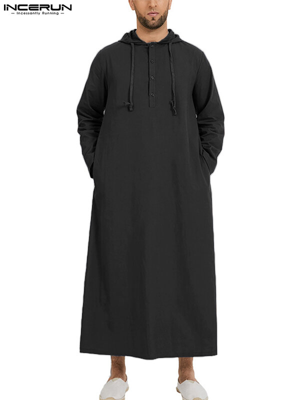 INCERUN 이슬람 Jubba Thobe 긴 소매 로브 셔츠 후드, 사우디 아랍 Kaftan 긴 Jubba Thobe Hombre 이슬람 남성 아바야 의류