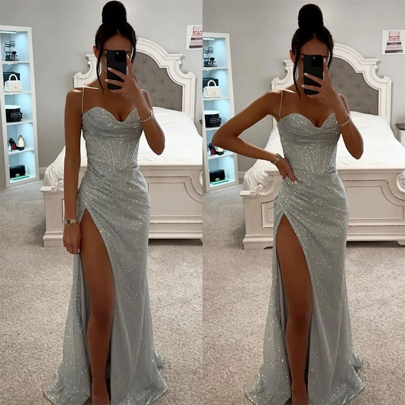Fashion Silver Prom Dresses Spaghetti Evening Gowns Thigh Slit Pleats Sheath Formal Red Carpet Long Special Occasion Party Dress