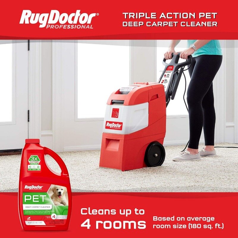 Rug Doctor Mighty Pro X3-limpiador de alfombras comercial, Paquete grande para mascotas Rojas, incluye Limpieza de alfombras para mascotas de 48 oz