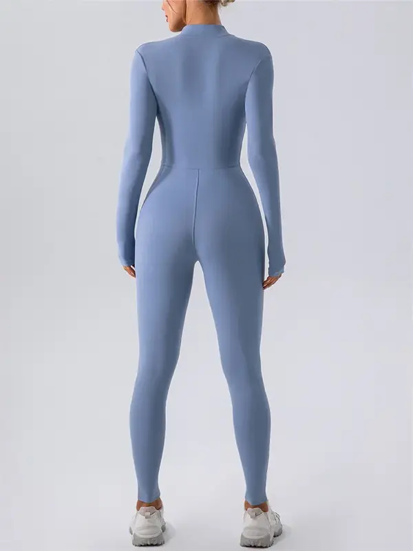 Zipper Nude Long Sleeve Yoga Bodysuit Women's Sports One-Piece Suit Gym Push Up Workout Clothes Fitness Bodysuit Sportswear