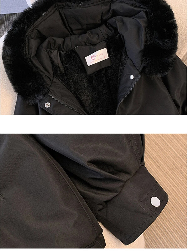 2024 Cotton Padded Hodded Fur Parka Winter Drawstring Down Coats Warm Thicken Long Windbreaker Zipper Outerwear Women
