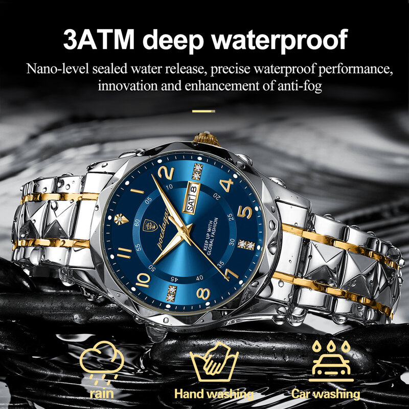 Podedagar-男性用の高級防水ステンレススチール腕時計,発光,週,男性用のスポーツ腕時計,ボックスが含まれています