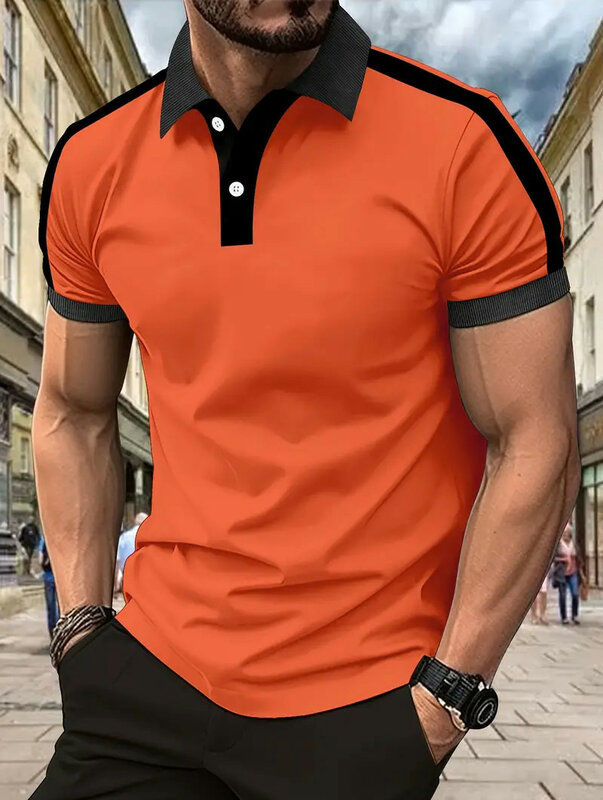 Kemeja Polo lengan pendek pria, T-Shirt kerah berkancing warna polos modis musim panas