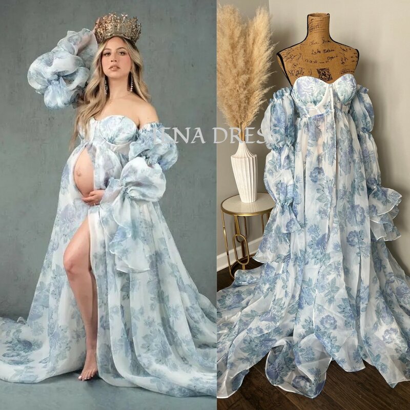 Blue Flower Printed Maternity Dress for Photoshoot Baby Shower Gown Fluffy Organza Pregnancy Robe with Cute Outfit#18507