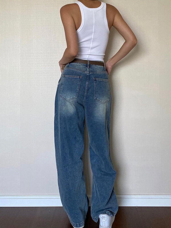 Женские джинсы в стиле 90-х ADAgirl, синие винтажные мешковатые джинсы с высокой талией и широкими штанинами в уличном стиле, повседневные женские брюки в стиле хип-хоп