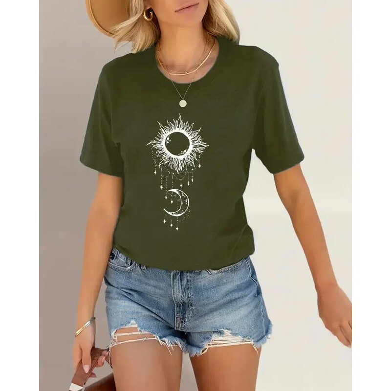 Summer Women's T-shirt Round Neck Short Sleeved Loose Top Trend Large Clothing Planet Pattern Printed Women's Party T-shirt