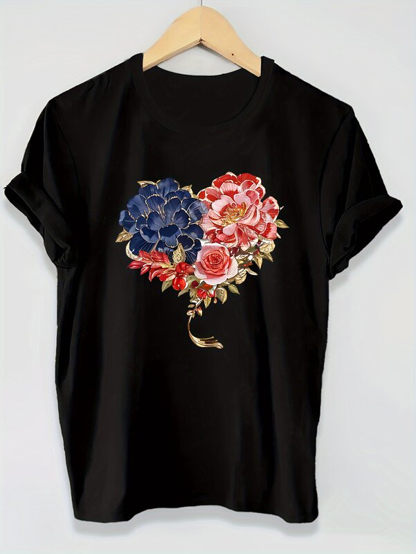 T-shirt con stampa floreale e cuore, Top Casual girocollo manica corta per l'estate e la primavera, abbigliamento donna