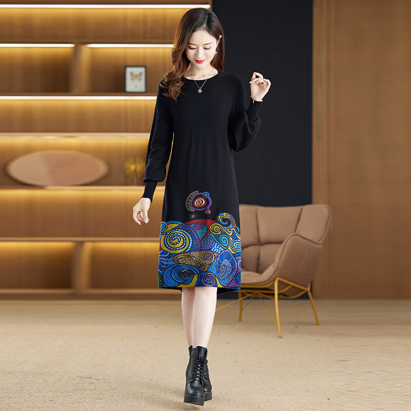 Suéter de punto de manga larga para mujer, vestido estampado de manga larga con cuello redondo, hasta la rodilla, novedad de otoño e invierno, 2023