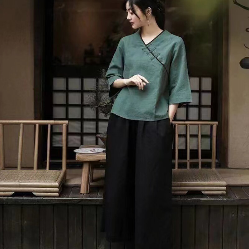 Cina tradizionale tè arte abbigliamento donna Hanfu top Harajuku Vintage Tang Suit primavera estate confortevole tunica cinese donna