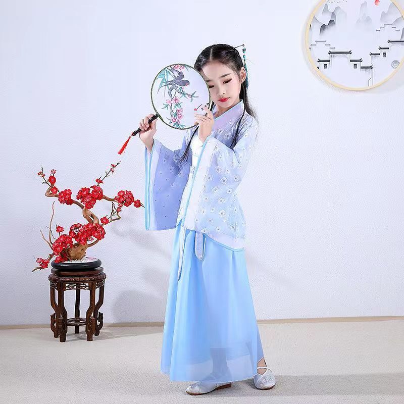 Disfraz de bata de seda China para niñas y niños, Kimono chino tradicional, Vintage, étnico, abanico, estudiantes, coro, baile, Hanfu