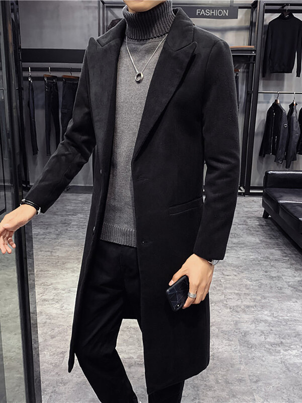 Nowa jesienno-zimowa męska brytyjska solidna średniej długości wełniane dla mężczyzn wełniana kurtka męska Slim Fit trencz biznesowy płaszcz męski