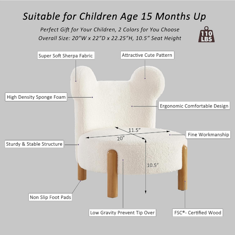 Sofá tapizado Ball & Cast para niños, silla de oso Sherpa, silla con acento sin brazos, blanco