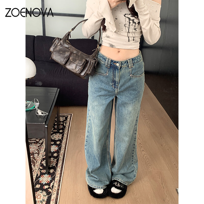 ZOENOVA High Quality Simple Women's Jeans 2024 Spring Autumn Maillard Fashion Lady Casual Versatile Loose Straight Wide Leg Jean