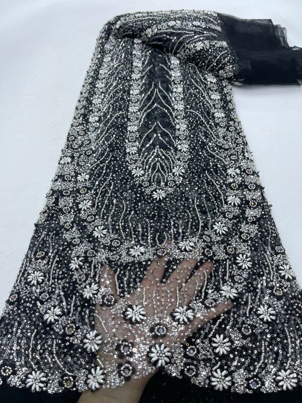 2024 Золотая Модная элегантная французская сетчатая вышивка из бисера кружевная ткань с блестками африканская нигерийская ткань для свадебного платья
