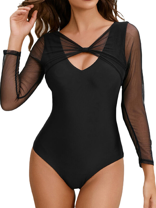 Women Sexy Lace Swimsuit Bodysuit Jumpsuit See Through Mesh Long Sleeve Tops for Party Outfit