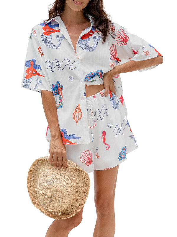 Roupa de praia feminina com 2 peças, estampa sereia, manga curta, tops com botões e shorts soltos, conjuntos lounge, lounge