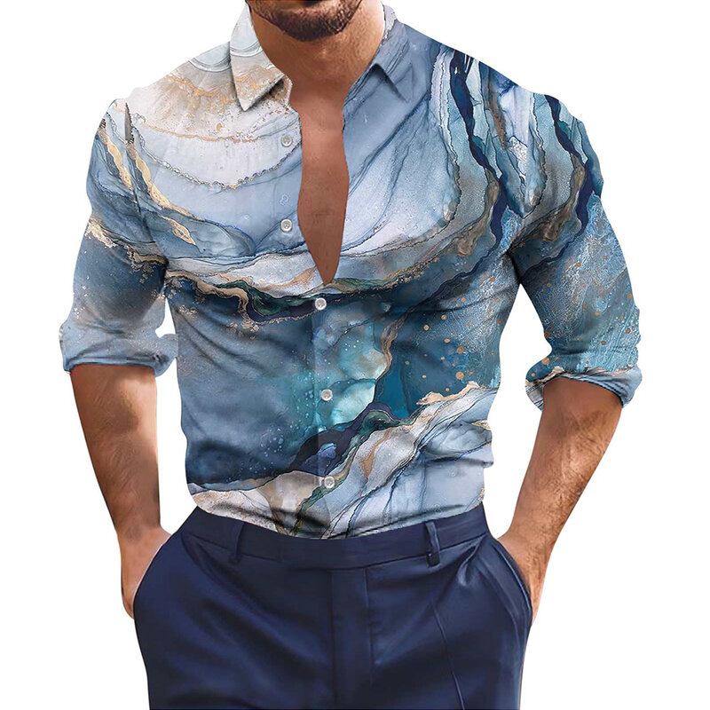 男性用ポリエステルプリント不規則なシャツ、ラペルカラーのマッスルパーティードレスアップ、快適なシャツ、オールシーズン、1個