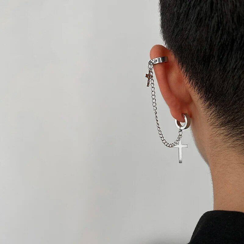 Punkowy krzyż Tassel kolczyki dla kobiet mężczyzn nastolatki kolczyk klip nausznica stop cynkowy Hip Hop biżuteria Vintage Metal Chain Earing