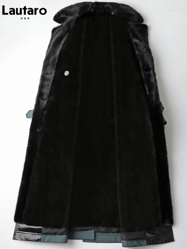 Lautaro-gabardina forrada de piel sintética para mujer, abrigo largo y cálido con bolsillos interiores, cinturón de doble botonadura, Invierno
