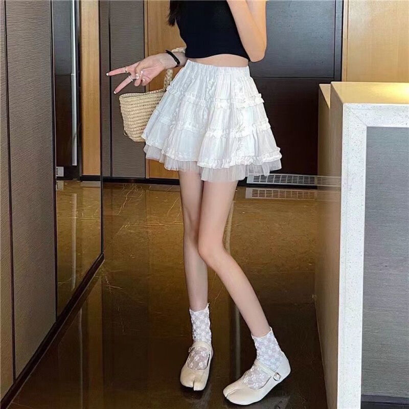 Кружевная мини-юбка с оборками Deeptown, милая плиссированная короткая юбка в стиле «лолита», милая однотонная многослойная корейская модная трапециевидная юбка