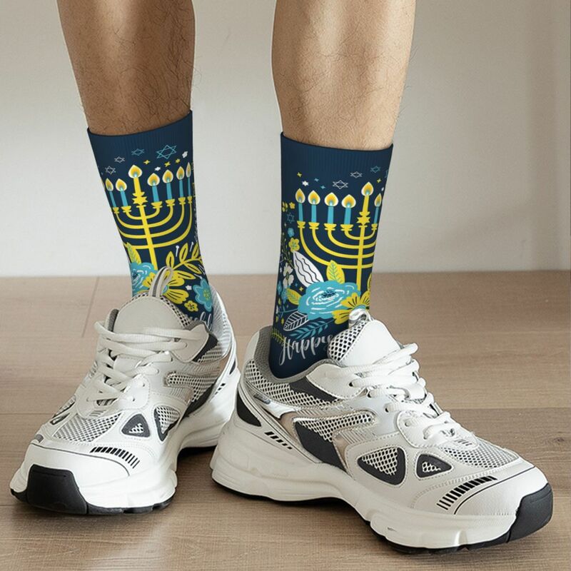 Retro Hanukkah Basketball Socks Menorah Jewish Religious Polyester Long Socks for Women Men Sweat Absorbing