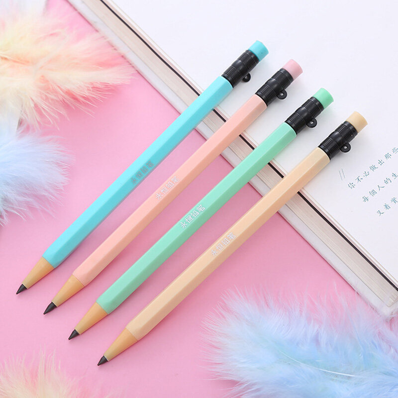 2Pcs Blue Pink Eternal Pencil for Writing Drawing Solid Color Infinity Pencil No Need Sharpen Pen Stationery Supplies Gift