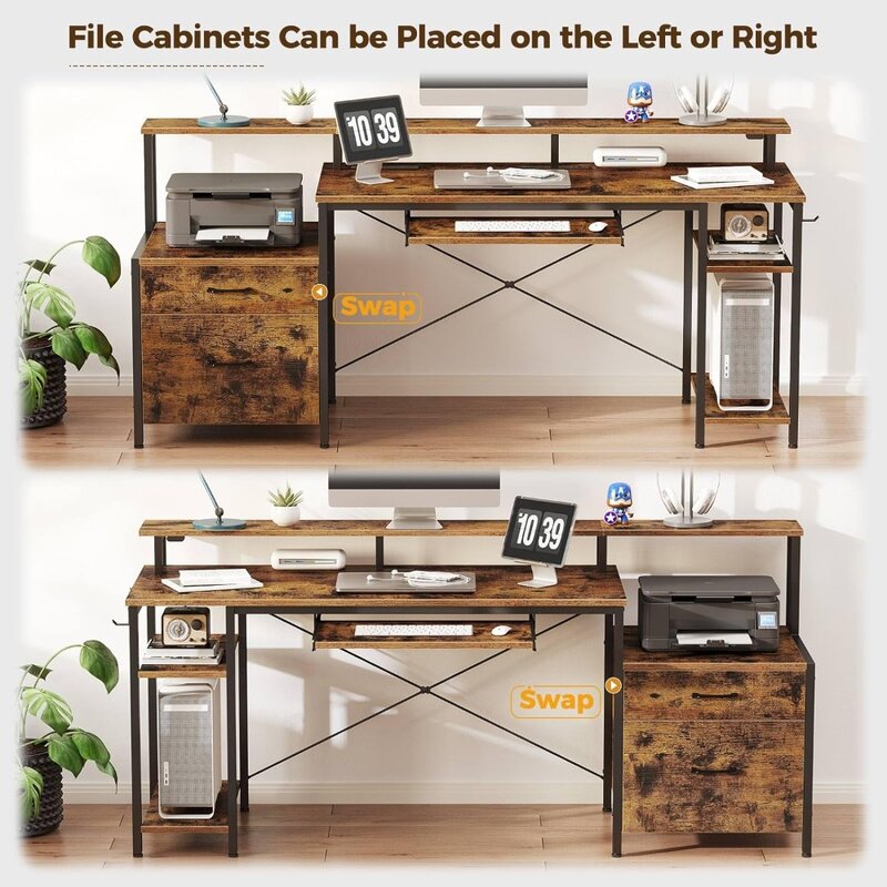 Компьютерный стол, 65 дюймов, с выдвижным ящиком для файлов, игровой стол с искусственным цветом и розетками питания, стол для дома и офиса с шкафом для файлов и полками для хранения