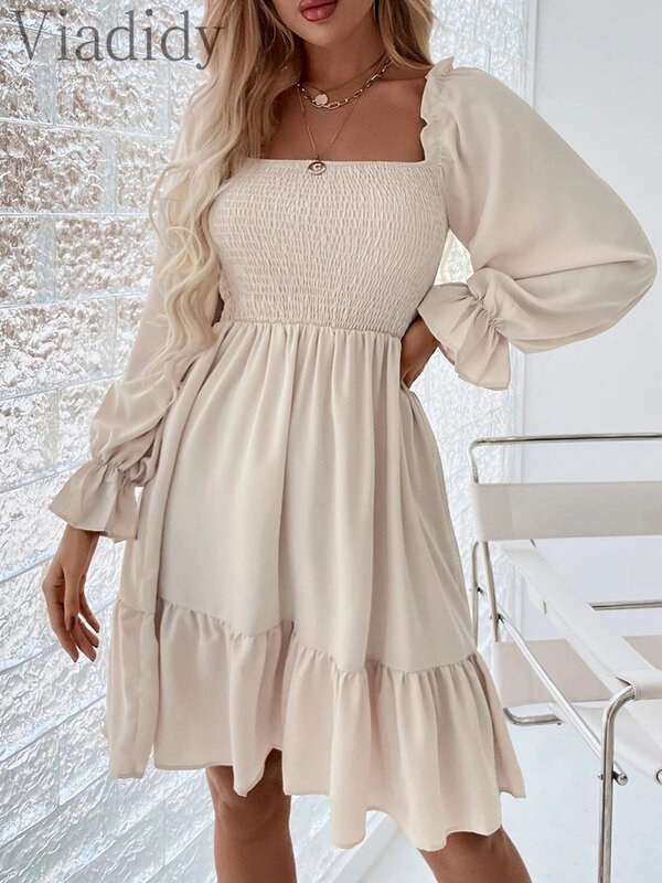 Women Casual Solid Color Puff Sleeve Square Neck Shirring High Waist Ruffles A-line Dress