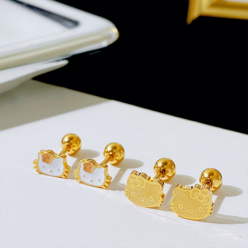Sanurgente Hello Kitty KT Cat Stud, Titanium Steel Stud, 18k Gold Colorbuckle, Cute Cartoon Girl Small Earrings, Gift