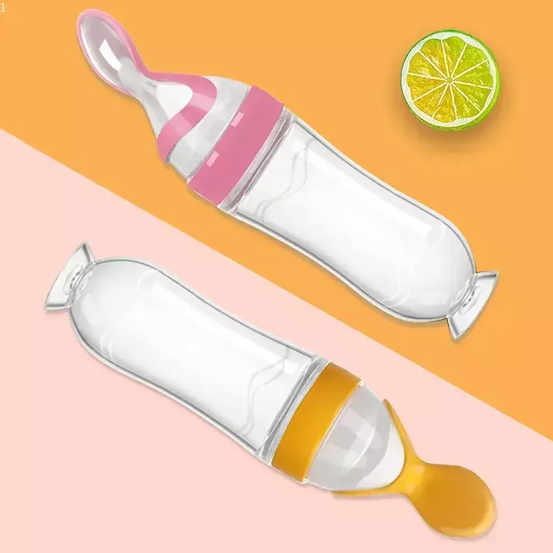 Meremas botol makan silikon latihan bayi baru lahir, sendok sereal makanan suplemen sendok makan aman berguna peralatan makan untuk anak-anak