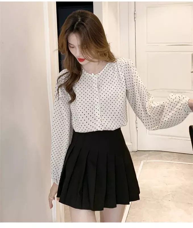 2024 New Summer Women's Shirt Dot Print Elegant Blouses Long Sleeve Casual Oversize Tops Korean Style Female Shirt