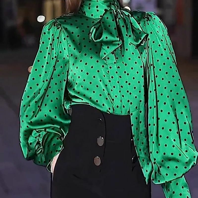 Fashion Scarf Collar Lace Up Bow Polka Dot Blouses Women Clothing 2023 Autumn Winter New Office Lady Tops Lantern Sleeve Shirts