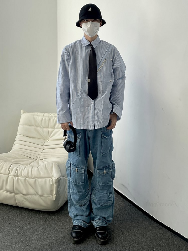 Neue y2k Stil Multi-Pocket-Werkzeug Cargo Jeans Herren amerikanische Retro Street Harajuku Hose gewaschen Wisch hose Jugend kleidung