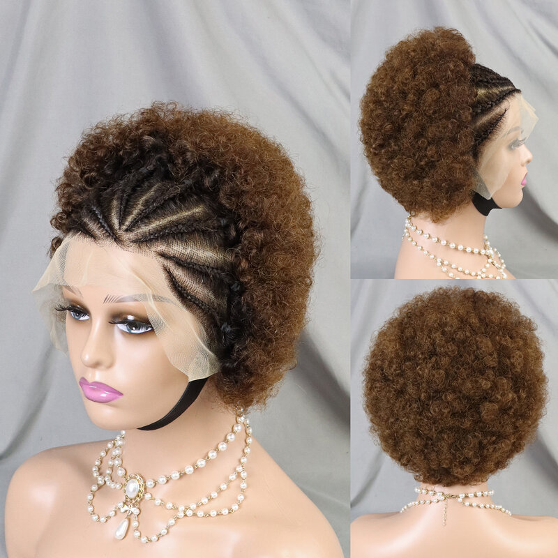 Peluca rizada hinchable para mujeres negras, cabello humano Afro con trenzas, 13x4, encaje Frontal, cabello Remy brasileño 100%, 6 pulgadas, novedad