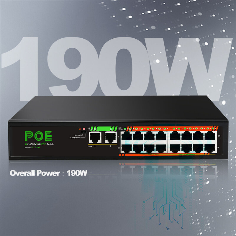 TEROW 18 Port POE Nework Switch 16 Port 100M POE+2 Port 1000M Uplink 52V 190W 3.85A VLAN 250m Distance for POE Camera/NVR/Router