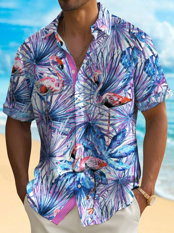 2024 Letni kontrastowy kolorowy wzór z nadrukiem 3D, modny i swobodny kurort plażowy, męski top z krótkim rękawem w stylu hawajskim
